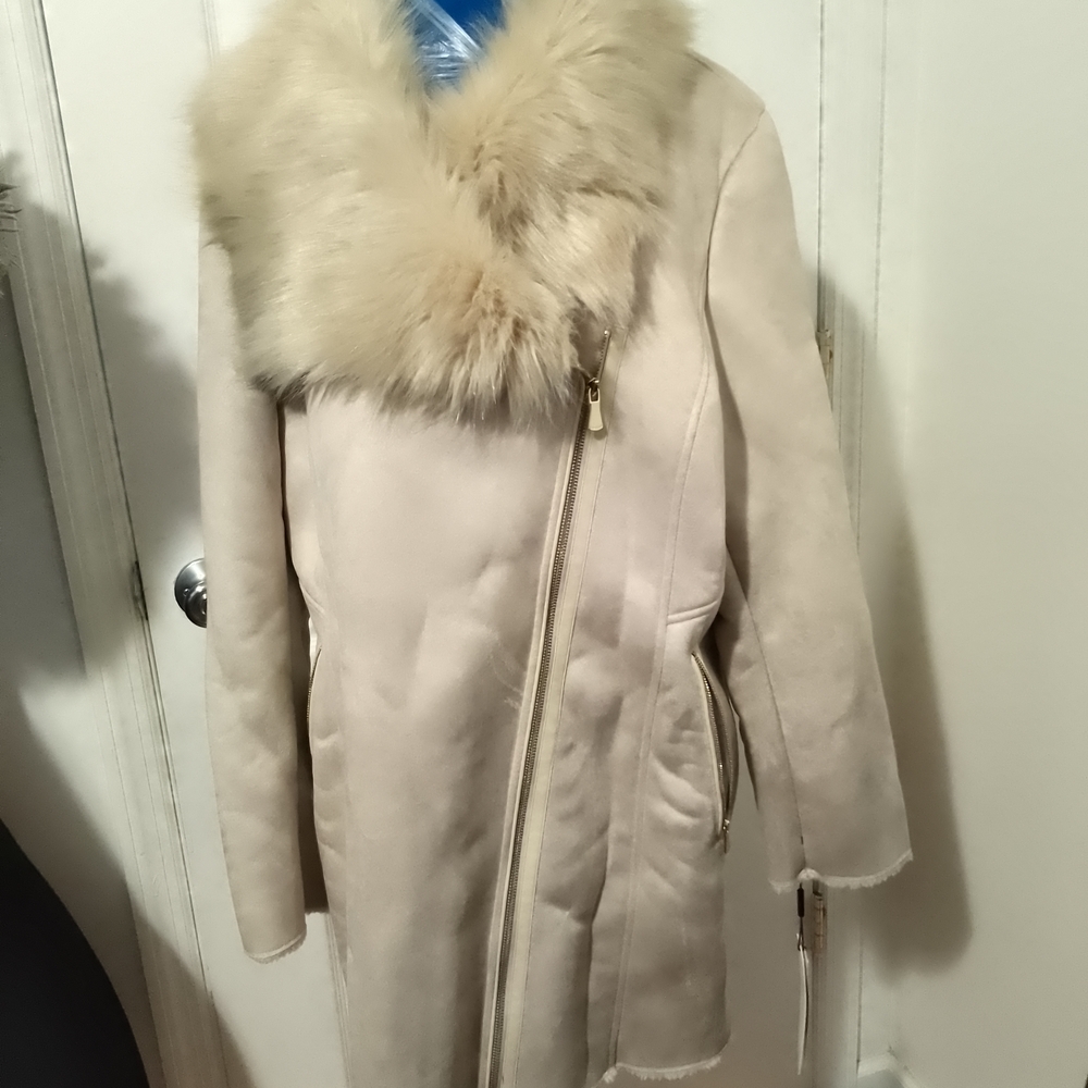 Calvin Klein Cream Teddy Jacket with Fur Trim and Asymmetrical Design